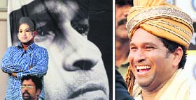 (Left): A fan of Sachin Tendulkar wearing his mask during the first Test in Kolkata; Master blaster is honoured at the presentation ceremony after the end of the first Test