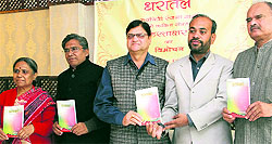 Dignitaries release Hastakshar, a book of poems by Ranjana Sharma (extreme left), in Dehradun on Sunday