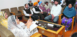 Paramjit Kaur, chairperson, Punjab State Womens Commission (PSWC), listens to the grievances at Field Hostel in Thermal Colony, Bathinda, on Monday. Tribune photo: Pawan Sharma