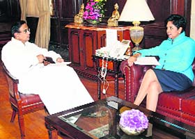 Union Finance Minister P Chidambaram with PepsiCo chairman and CEO Indra Nooyi at a meeting in New Delhi on Monday