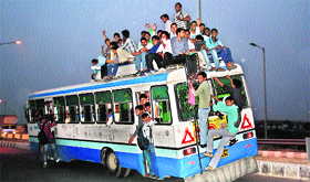 An overloaded Haryana Roadways bus.