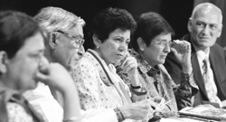 (Second from left) Chandigarh MP Pawan Kumar Bansal, Union Minister Kumari Selja and former IPS officer Kiran Bedi at a symposium in Chandigarh on Monday. Tribune photo: Pradeep Tewari