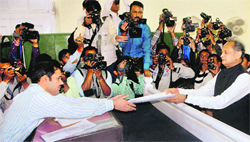 Rajasthan CM Ashok Gehlot files his nomination papers from Sardarpura in Jodhpur on Monday.  PTI