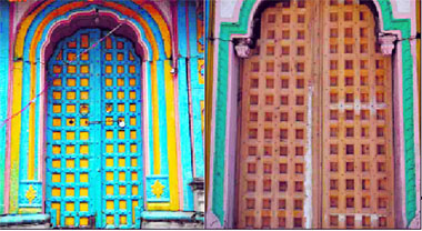 The old door of the Kedarnath temple that was damaged during the disaster has been replaced by a new one (right) by the ASI