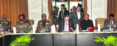 Chief Minister Omar Abdullah along with Army officers and civil administration officials during the civil-military liaison conference in Nagrota.