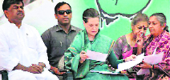 Congress chief Sonia Gandhi at a public rally in Ambikapur on Tuesday.  PTI