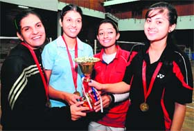 Shuttlers of the Guru Gobind Singh College for Women in a jubilant mood after winning an inter-college meet at Panjab University in Chandigarh on Wednesday