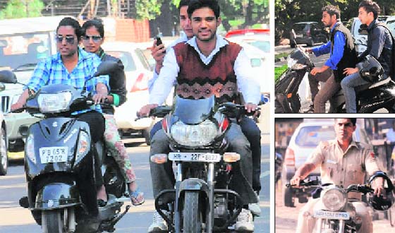 (Clockwise) Boys on two-wheelers opposite DAV College; boys on a scooter at Sector 11; and a policeman on a motorcycle in Sector 26 move without helmets in Chandigarh on Wednesday