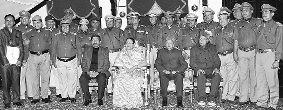 Governor Urmila Singh at the Investiture Ceremony at the Raj Bhawan in Shimla on Wednesday. Chief Minister Virbhadra Singh is also seen in the picture. Photo: Amit Kanwar