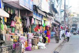 A view of encroachments at the Rajinder Bazaar in the old city of Jammu
