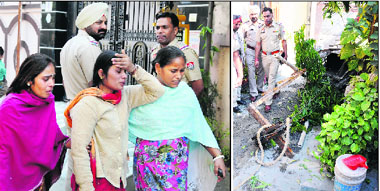 Family members of the victim, Pushpa, mourn her death at Durgapuri in Ludhiana on Wednesday; and (right) the police examines the site where the mishap took place.