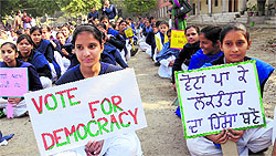 Students of various schools and colleges take part in voters awareness rally in Bathinda on Thursday
