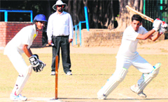 A batsman plays a shot during the inter-college cricket tournament at Panjab University in Chandigarh on Thursday. Tribune photo: Parvesh Chauhan
