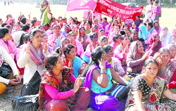 Asha workers hold a protest in support of their demands in Dehradun on Thursday. Tribune photo: Vinod Pundir
