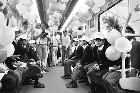 Students of Sector 9 Primary School enjoy the first ride on Rapid Metro in Gurgaon on Thursday.