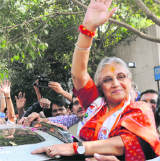 Sheila Dikshit after filing her nomination in New Delhi on Thursday. 