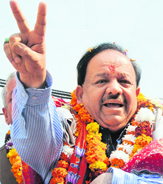 BJPs chief ministerial candidate Harsh Vardhan after filing his nomination in New Delhi on Thursday.
