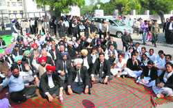 Lawyers stage a protest against the police in Bathinda on Friday. Tribune photo: Pawan Sharma