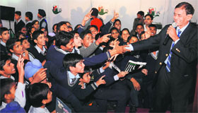 Dr Shekhar Sarkar conducts a workshop for children at the Chandigarh Book Fair on Friday. Tribune Photo: Manoj Mahajan