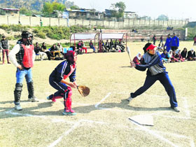 Players in action during the VIII State-Level Baseball Championship in Srinagar on Friday.
