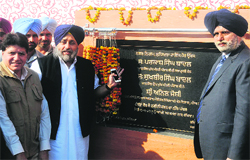 Deputy CM Sukhbir Badal lays the foundation stone for the renovation of Humbran Road in Ludhiana on Friday. 