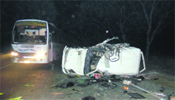 The remains of the mangled Scorpio that was carrying the victims, near Sriganganagar on Friday. Photo: Raj Sadosh