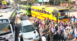 Members of various Hindu organisations block traffic at the PAP Chowk in Jalandhar on Friday. Tribune Photo: Malkiat Singh
