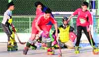 Players vie for the ball during the State Roller Skating Championship at St Kabir School in Sector 26, Chandigarh, on Saturday. Tribune Photo