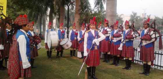 The All Women Paramilitary Pipe Band ready to cast a spell on visitors at the India International Trade Fair (IITF), Pragati Maidan in New Delhi. Tribune photo