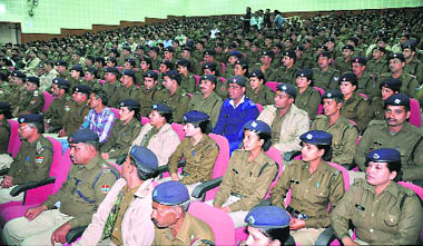 Police personnel from various districts being briefed in the wake of Kartik Poornima festival in Haridwar on Saturday