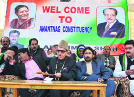 JKPCC chief Saifuddin Soz with Minister for Tourism Ghulam Ahmad Mir and other Congress leaders during a rally in Anantnag district on Saturday