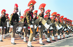 New recruits of the Border Security Force (BSF) take part in the passing out parade in Humhama on Saturday. Tribune Photo: Amin War 