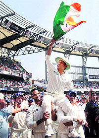 Sachin Tendulkar being carried around the ground by MS Dhoni and Shikhar Dhawan in Mumbai on Saturday
