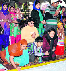 Devotees offer prayers at Gurdwara Dera Kar Sewa on the occasion of Gurpurb in Karnal on Sunday