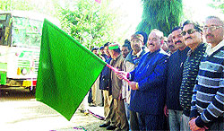 Health Minister Kaul Singh Thakur flags off a new bus on the Chaku-Khajru route on Saturday