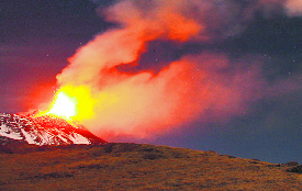 Mount Etna spews lava in Sicily on Sunday. It is Europes most active volcano and its last major eruption occurred in 1992. 