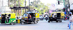 Auto-rickshaws being diverted towards Sant Singh Sukha Singh (SSSS) Chowk from Crystal Chowk area in Amritsar on Monday
