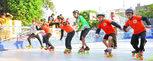 Winners of the 19th District Roller Skating Championship at Blue Bird High School, Sector 16, in Panchkula on Monday.