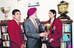 DPS Director & Principal Dr (Capt) GS Dhillon congratulates winners of the contest. A Tribune photograph