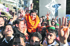 Vikramaditya being greeted by supporters in Shimla on Monday. 