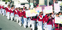 Students take part in the awareness rally against copying in Amritsar on Tuesday. A Tribune Photograph