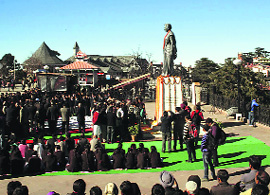 People gather for the birth anniversary of former Prime Minister Indira Gandhi in Shimla on Tuesday. 