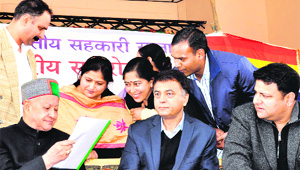 Chief Minister Virbhadra Singh at a function on the National Cooperative Day in Jogindernagar on Tuesday. 
