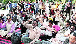 PUDA Joint Action Committee members stage a dharna in protest against the non-acceptance of their demands in Jalandhar on Tuesday