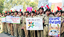 NCC cadets take out a rally to sensitise residents against social evils in Ludhiana on Tuesday