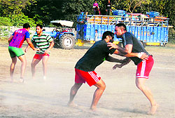 Kabaddi players practice at Thermal Stadium in Bathinda