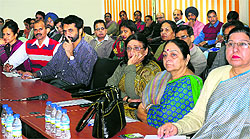 Delegates take part in a workshop at the Post Graduate Government College for Girls, Sector 42, in Chandigarh, on Wednesday