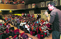 Singer and Shiv Senas national working member Abhijeet Sawant enthrals a gathering at a function in Dehradun on Wednesday
