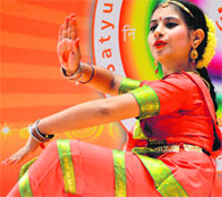 A dancer performs during the seventh Inter-District Music Competition at the Ishmeet Singh Music Academy in Ludhiana on Wednesday.