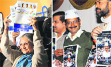Delhi Chief Minister Sheila Dikshit and Aam Aadmi Party convener Arvind Kejriwal release their party manifestoes in New Delhi on Wednesday. Tribune photo: Mukesh Aggarwal
